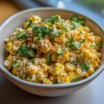 Close-up of Irresistible Mexican Street Corn Salad in a bowl, topped with cilantro and chili powder.