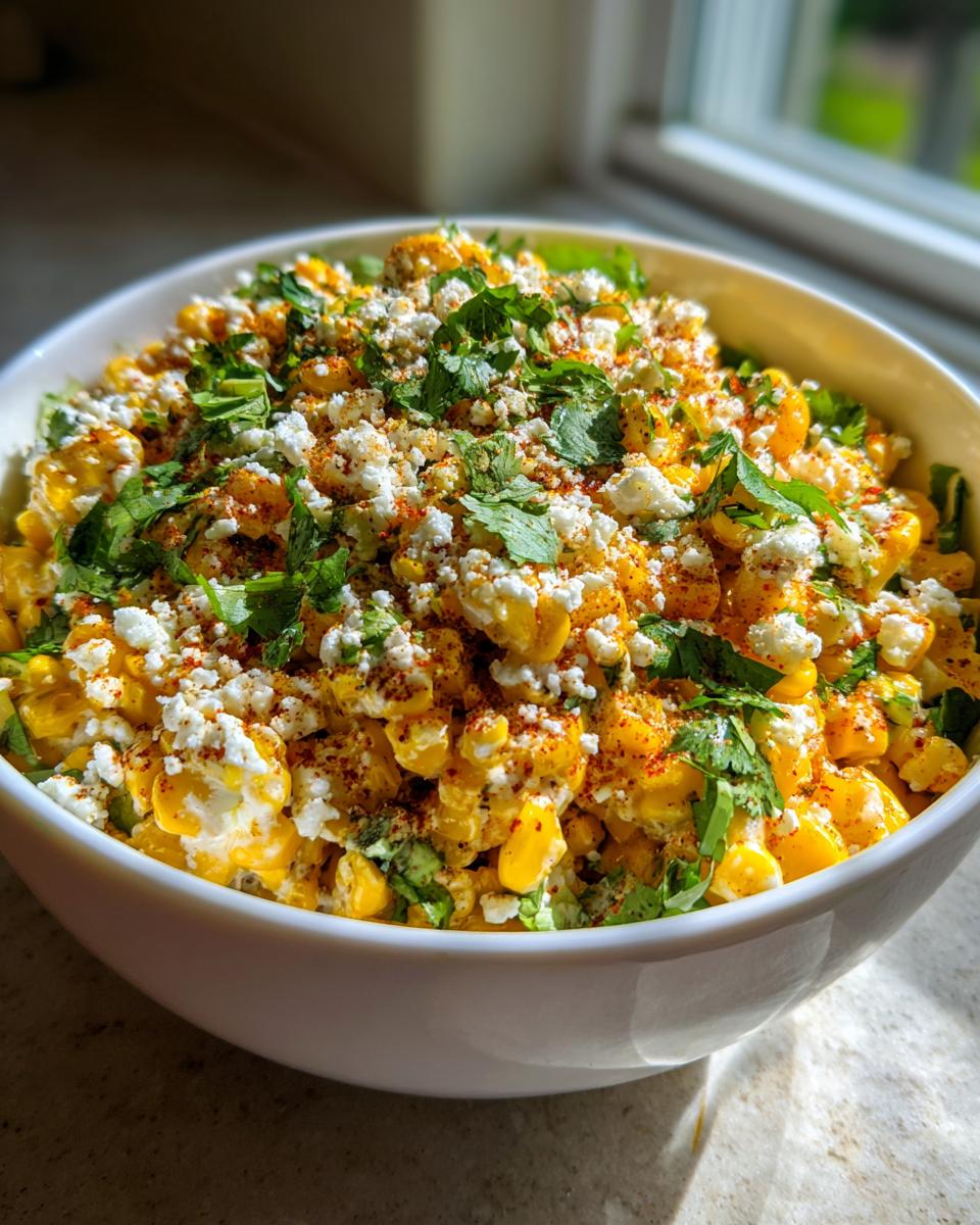 A white bowl filled with Irresistible Mexican Street Corn Salad, topped with crumbled cheese, cilantro, and chili powder.