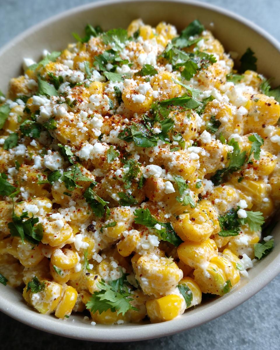 Close-up of a bowl filled with Irresistible Mexican Street Corn Salad, topped with crumbled cheese, cilantro, and chili powder.