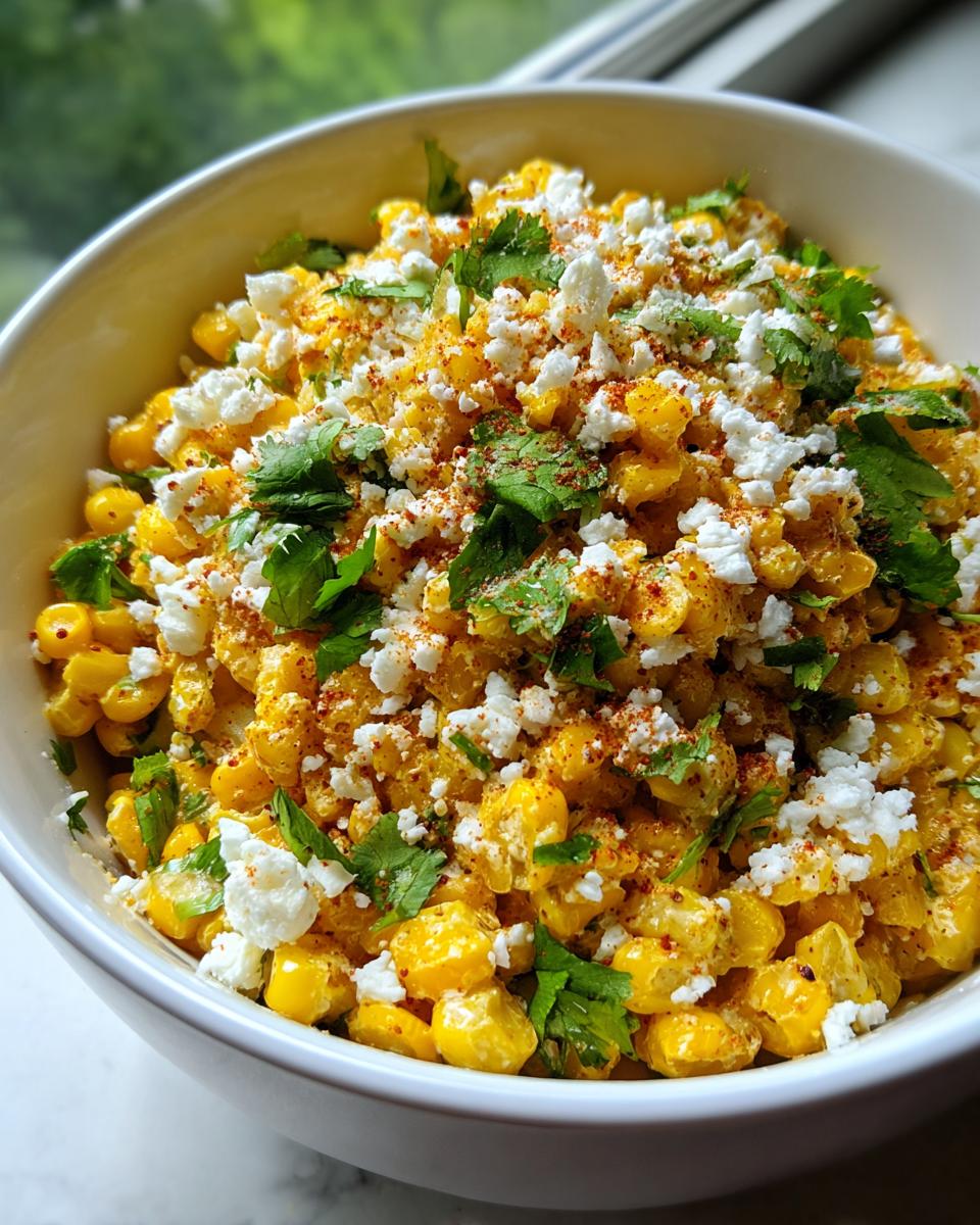 A close-up of Irresistible Mexican Street Corn Salad in a white bowl, topped with crumbled cheese, cilantro, and chili powder.