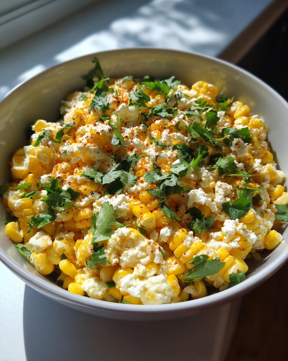 A close-up of Irresistible Mexican Street Corn Salad in a white bowl, topped with crumbled cheese and cilantro.