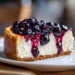 A slice of Irresistible No Bake Blueberry Cheesecake topped with fresh blueberries and syrup.