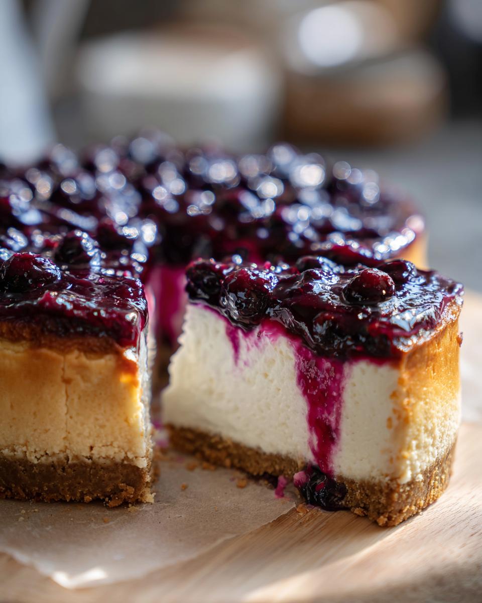 A slice of Irresistible No Bake Blueberry Cheesecake with a thick blueberry topping and creamy filling.