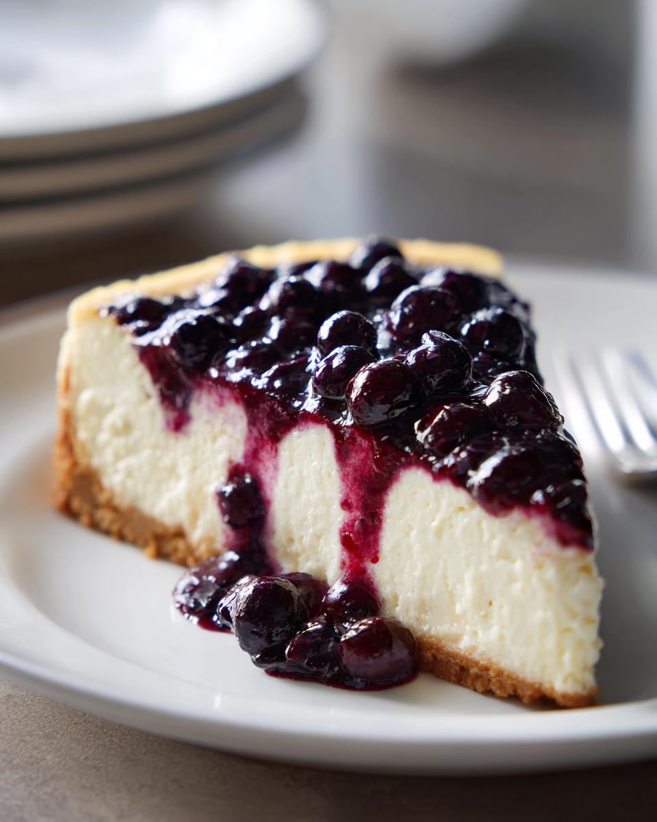 A decadent slice of Irresistible No Bake Blueberry Cheesecake topped with a rich blueberry sauce.