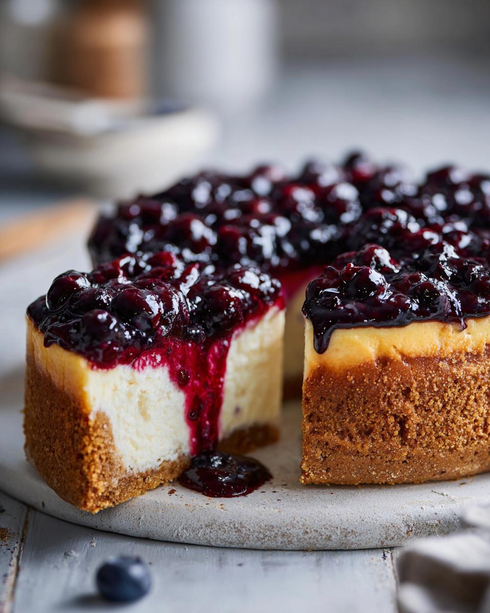 A slice of Irresistible No Bake Blueberry Cheesecake with a thick blueberry topping and graham cracker crust.