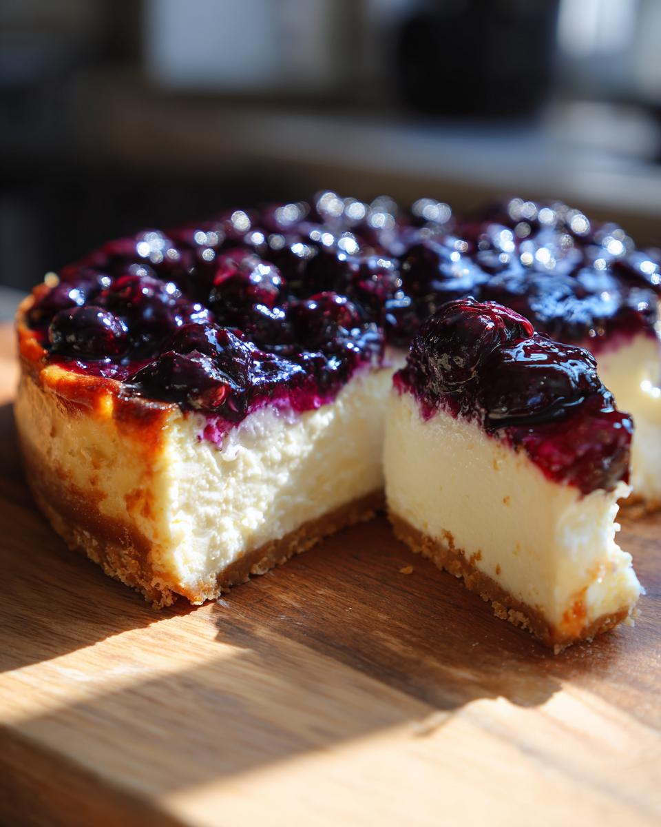 A slice of Irresistible No Bake Blueberry Cheesecake with a thick blueberry topping on a wooden board.
