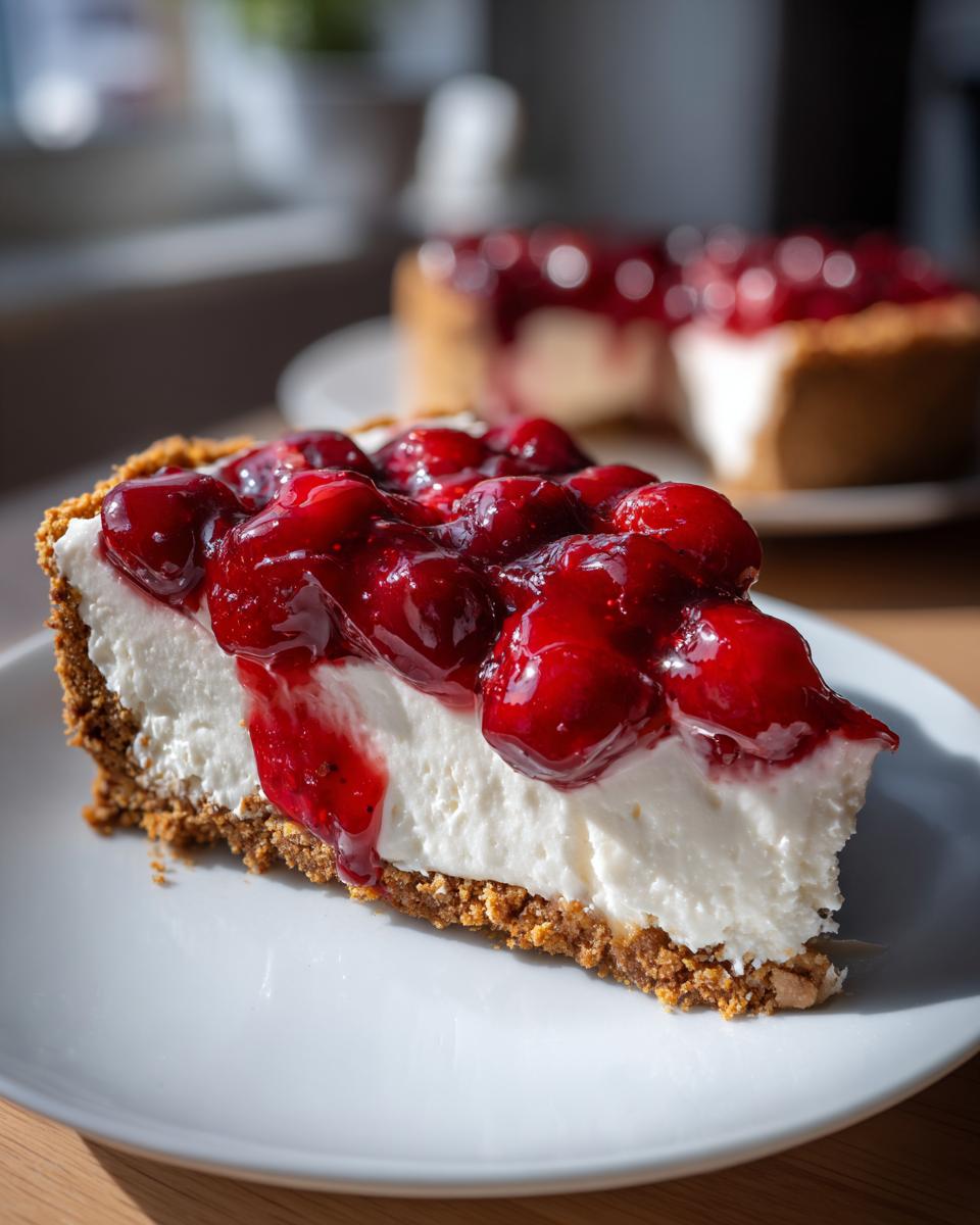 A slice of Irresistible No Bake Cherry Cheesecake, showcasing a creamy filling and glossy cherry topping on a graham cracker crust.