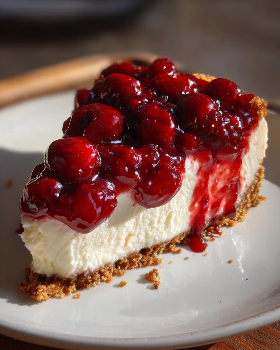 A tempting slice of Irresistible No Bake Cherry Cheesecake with a graham cracker crust and cherry topping.