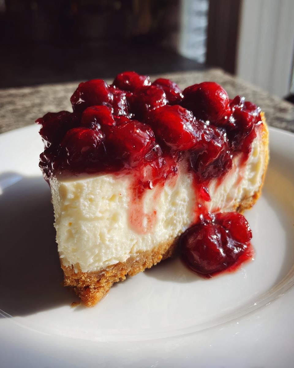 A slice of Irresistible No Bake Cherry Cheesecake Recipe Delight, topped with glistening cherries and sauce on a white plate.