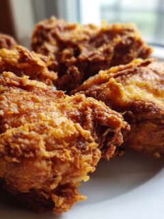 A close-up of golden brown, crispy Irresistible Pan Fried Chicken pieces on a white plate.