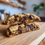 Close-up of two halves of an Irresistible Peanut Butter Chocolate Chip Cookie, showing gooey melted chocolate chips.