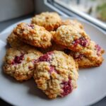 A close-up of a pile of Irresistible Raspberry Crumble Cookies on a white plate, showing the crumbly texture and raspberry filling.