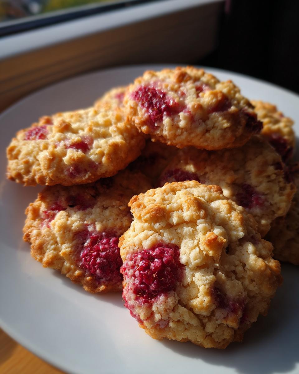 A pile of Irresistible Raspberry Crumble Cookies on a white plate, with visible raspberry pieces.