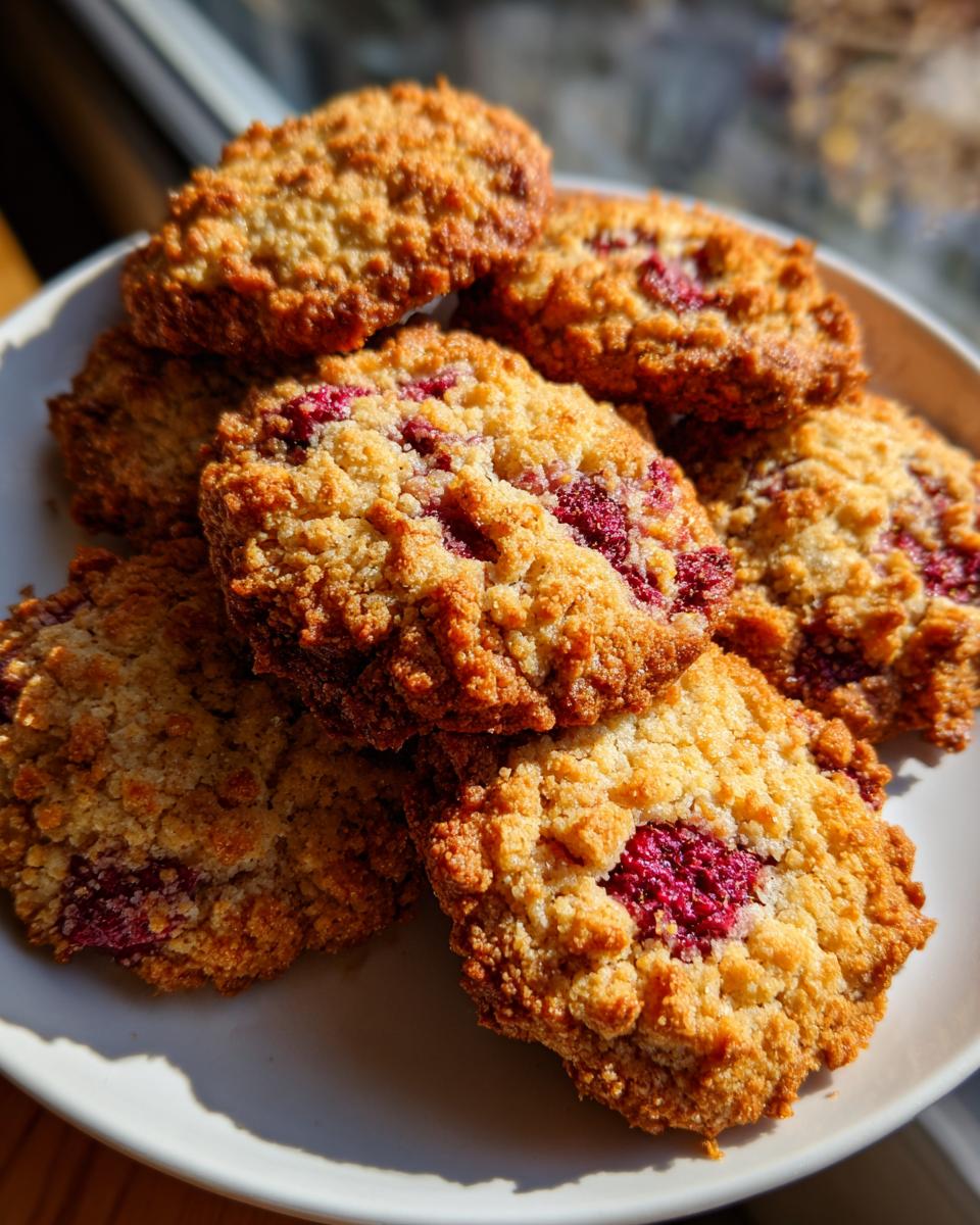 A pile of Irresistible Raspberry Crumble Cookies on a white plate, showing golden-brown texture and visible raspberries.