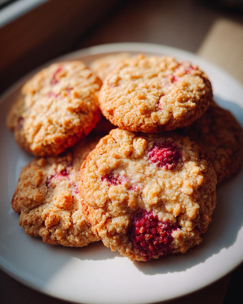 A close-up of Irresistible Raspberry Crumble Cookies on a white plate, showcasing the texture and fresh raspberries.