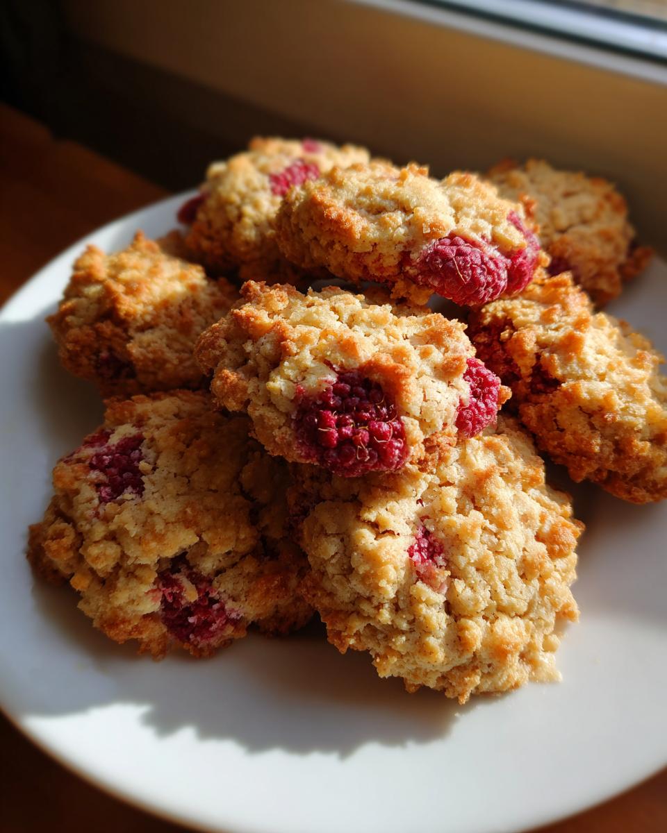 A pile of Irresistible Raspberry Crumble Cookies on a white plate, with visible raspberries.