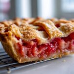 A close-up of a slice of Irresistible Rhubarb Pie with a golden lattice crust and vibrant red filling.