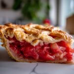 A close-up of a slice of Irresistible Rhubarb Pie, showcasing the flaky crust and vibrant red filling.