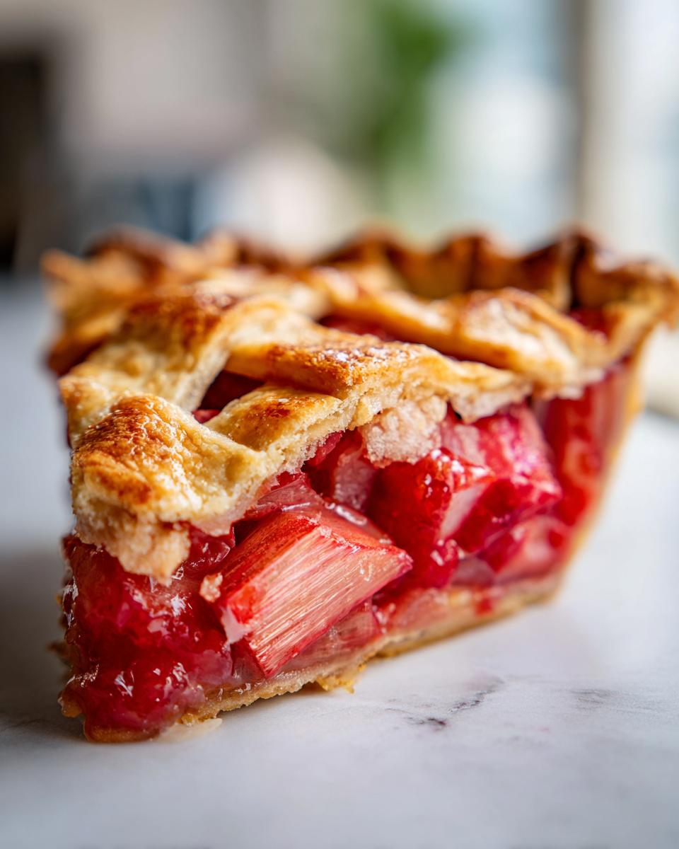 A close-up of a slice of Irresistible Rhubarb Pie, showcasing the flaky lattice crust and vibrant red rhubarb filling.