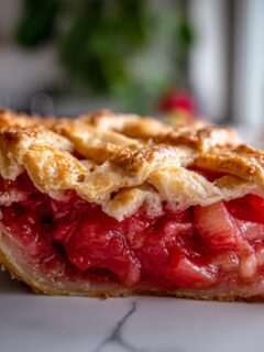 A close-up of a slice of Irresistible Rhubarb Pie, showcasing the flaky crust and vibrant red filling.