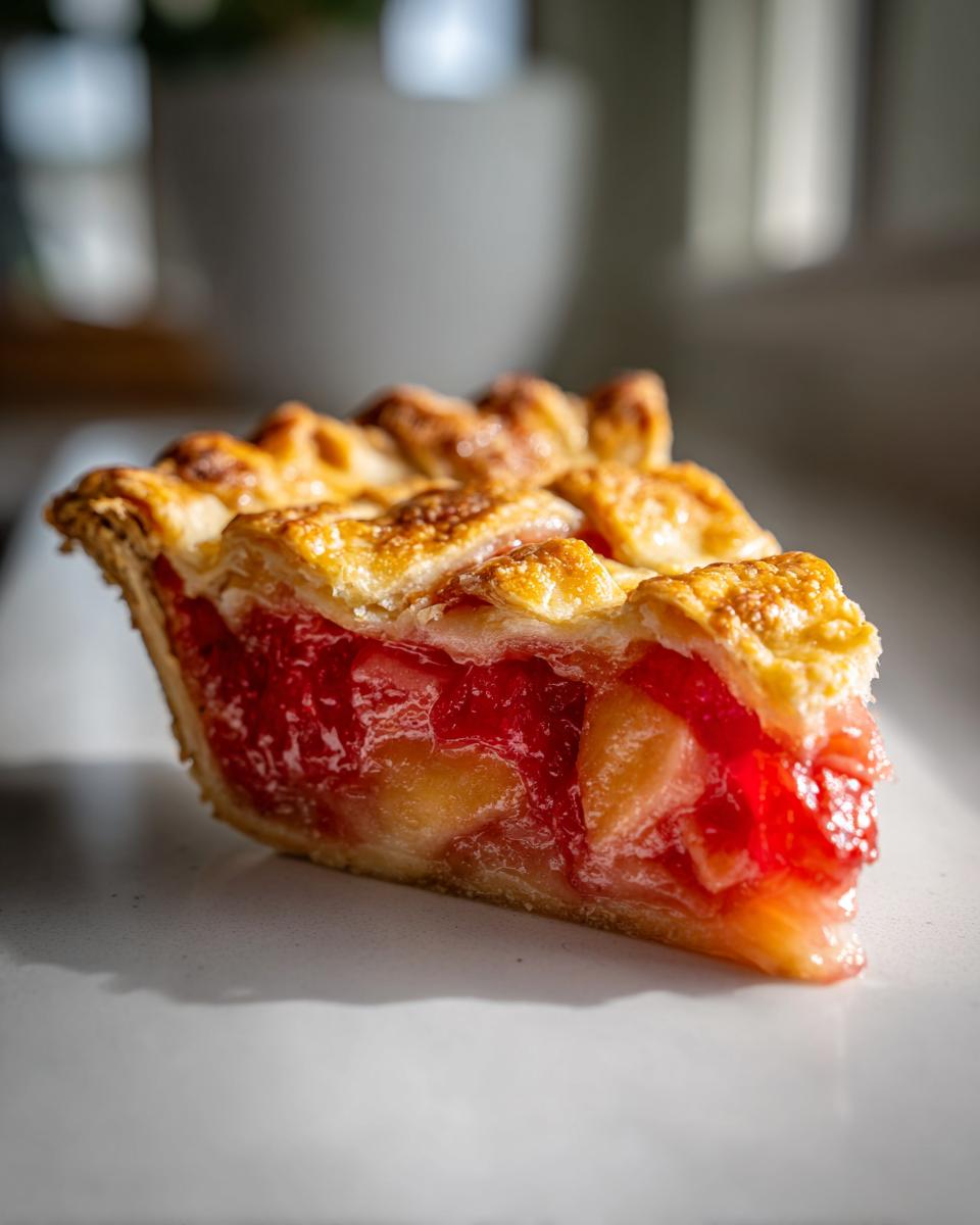 A close-up of a slice of Irresistible Rhubarb Pie, showcasing its golden lattice crust and vibrant pink filling.