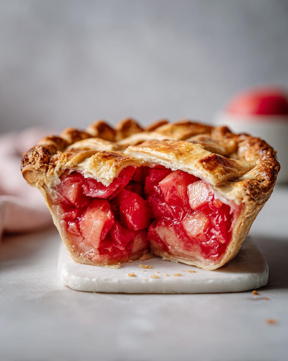 A close-up of a slice of Irresistible Rhubarb Pie, showcasing its vibrant red filling and golden lattice crust.