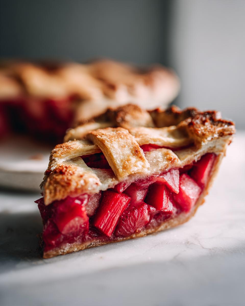 A close-up of a slice of Irresistible Rhubarb Pie Recipe, showcasing the lattice crust and vibrant red rhubarb filling.