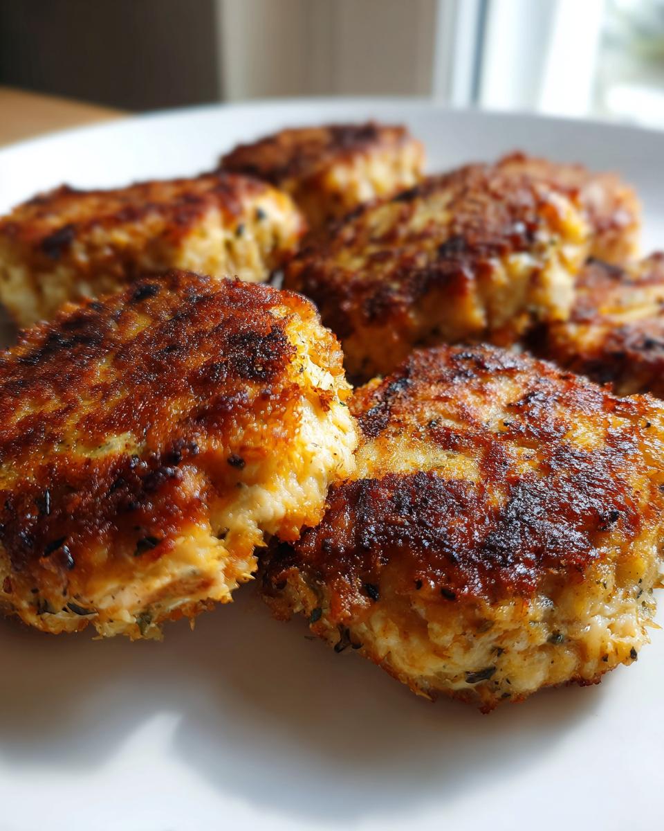 A close-up shot of golden-brown, irresistible salmon cakes made with canned salmon, served on a white plate.