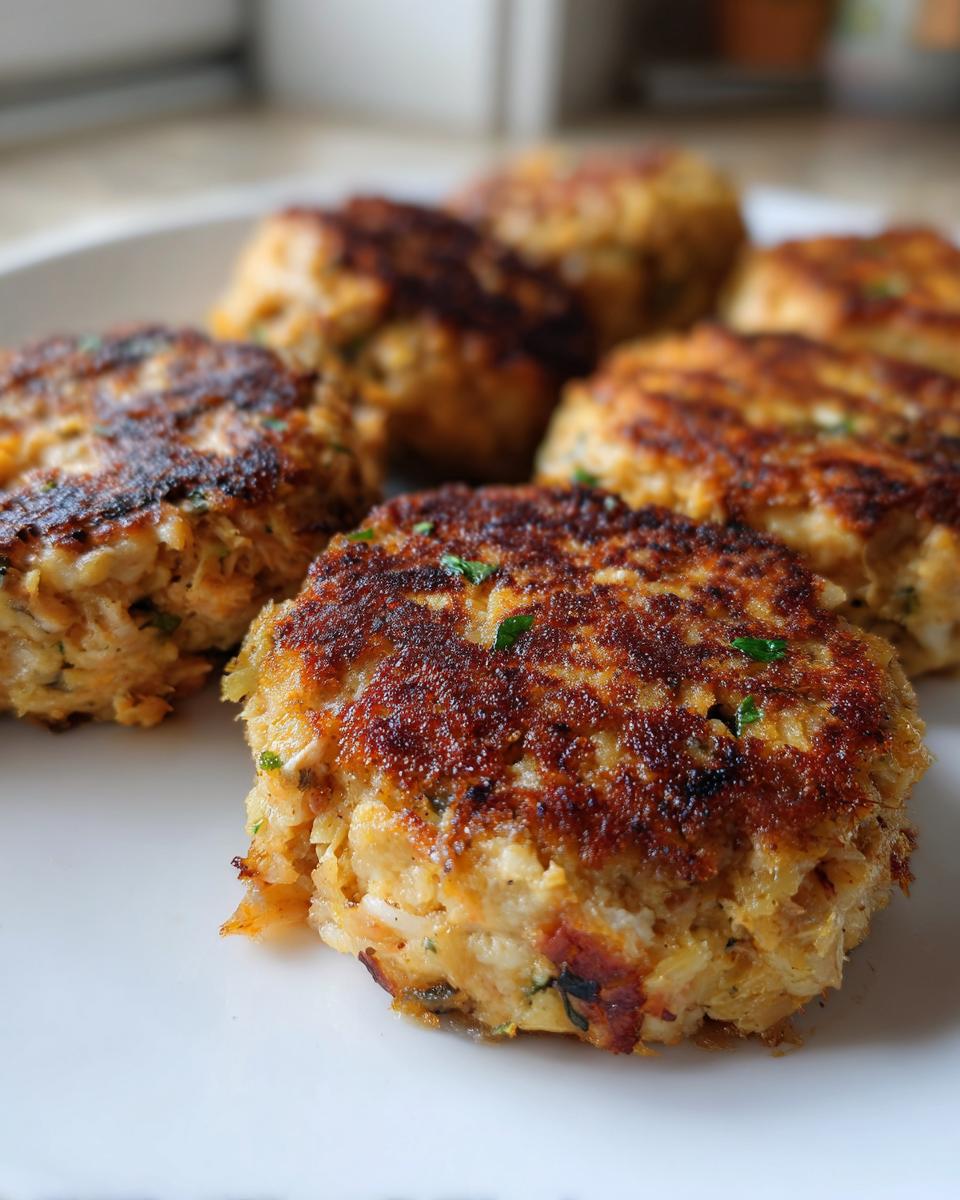 Close-up of golden-brown, pan-fried salmon cakes made with canned salmon, garnished with parsley.
