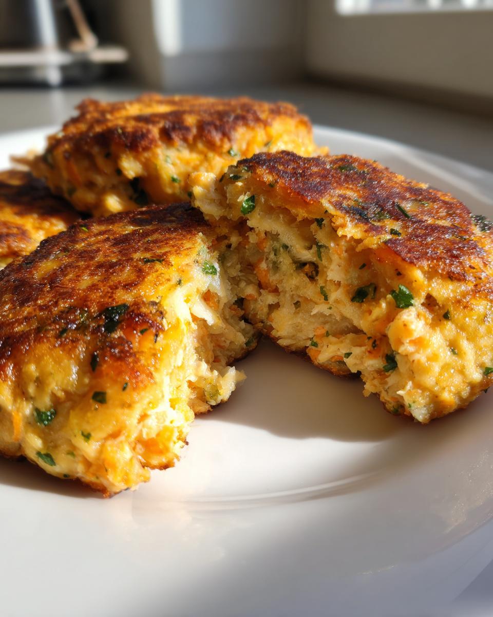 Close-up of Irresistible Salmon Cakes With Canned Salmon Recipe, one cake broken open to show texture.