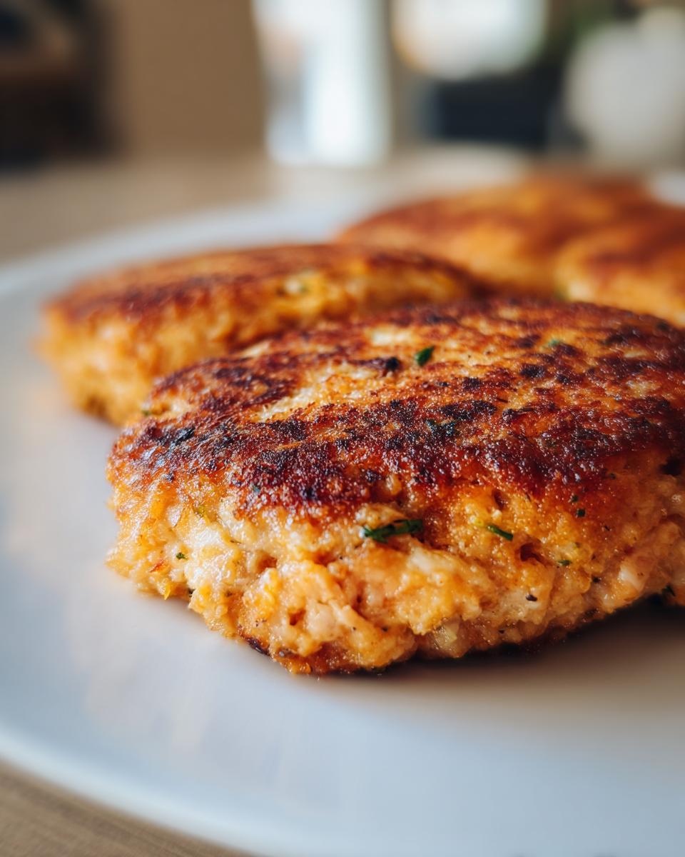 Close-up of golden-brown, pan-fried Irresistible Salmon Cakes made with canned salmon.