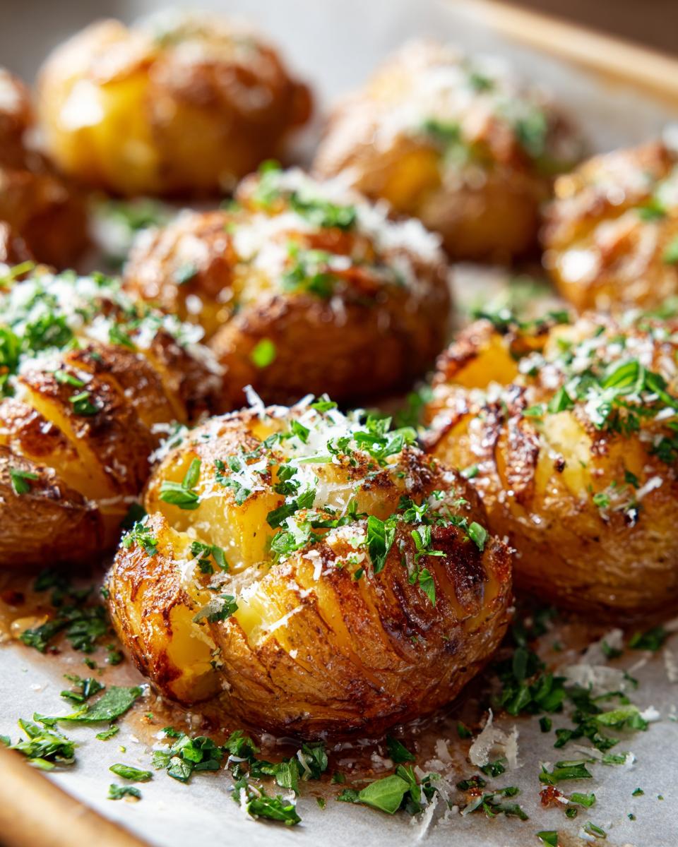 Close-up of Irresistible Smashed Potatoes, golden brown and crispy, topped with grated cheese and fresh parsley.