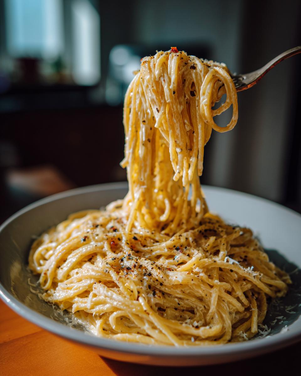 A fork lifting a swirl of Irresistible Smoked Cream Cheese Pasta from a bowl, seasoned with black pepper.
