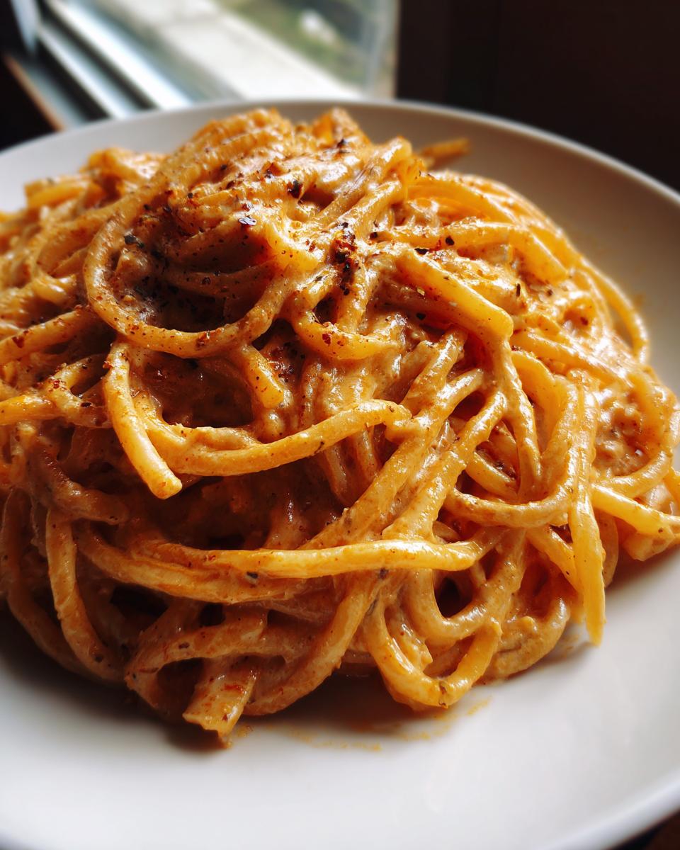 A close-up of a plate piled high with Irresistible Smoked Cream Cheese Pasta, coated in a creamy sauce and sprinkled with spices.