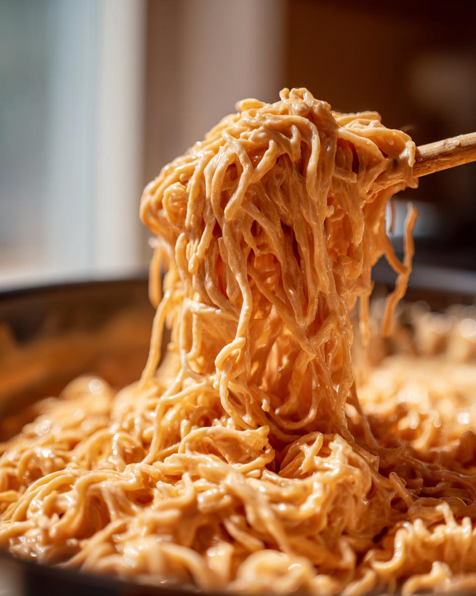 Close-up of spaghetti coated in creamy, orange smoked cream cheese sauce, lifted by wooden chopsticks.