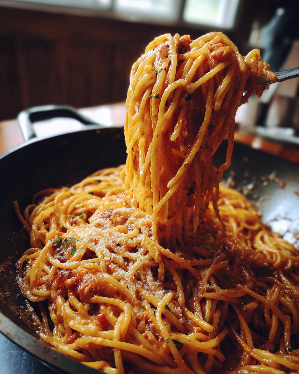 A fork lifts a generous portion of Irresistible Smoked Cream Cheese Pasta from a skillet, topped with grated cheese.