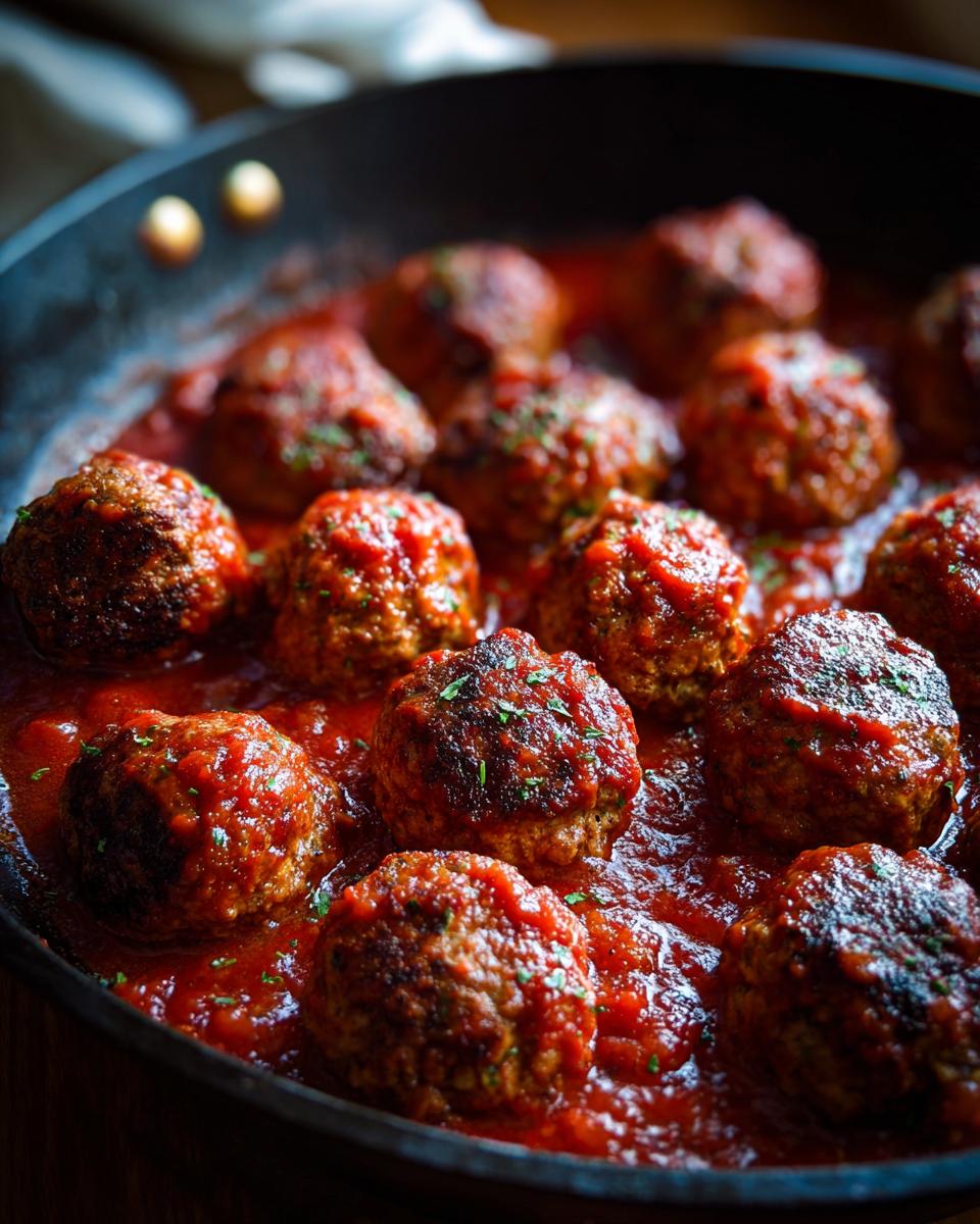 Close-up of Irresistible Smoked Italian Meatballs simmering in a rich tomato sauce, garnished with herbs.