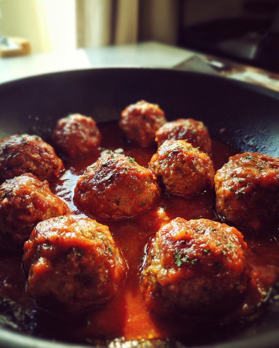 Close-up of Irresistible Smoked Italian Meatballs simmering in a rich tomato sauce in a pan.