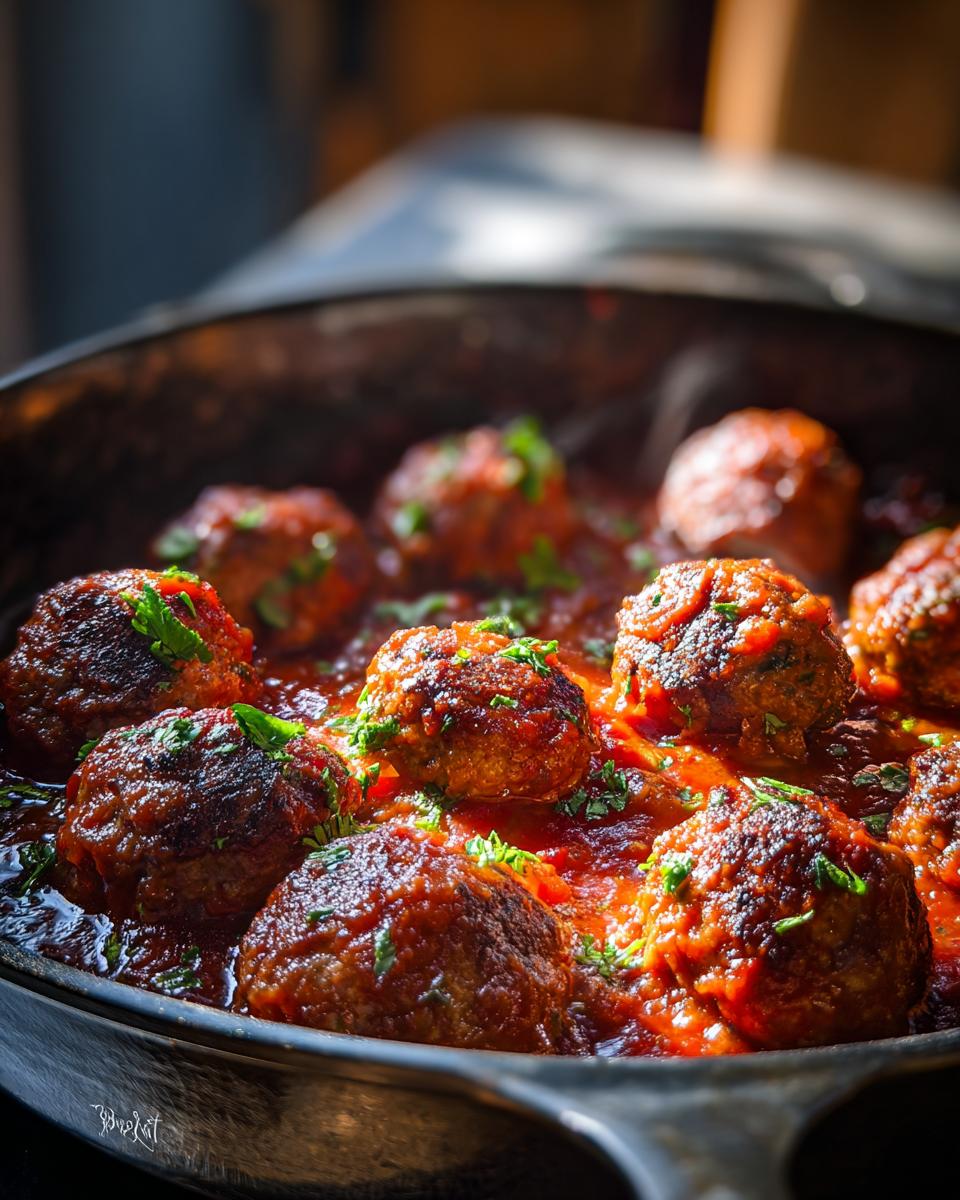Close-up of Irresistible Smoked Italian Meatballs simmering in a rich tomato sauce, garnished with fresh parsley.