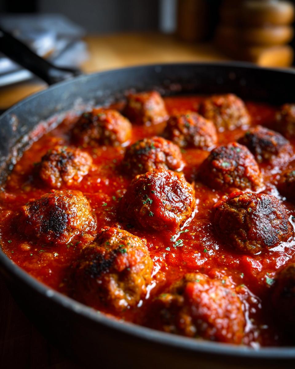 Close-up of Irresistible Smoked Italian Meatballs simmering in a rich tomato sauce in a skillet.