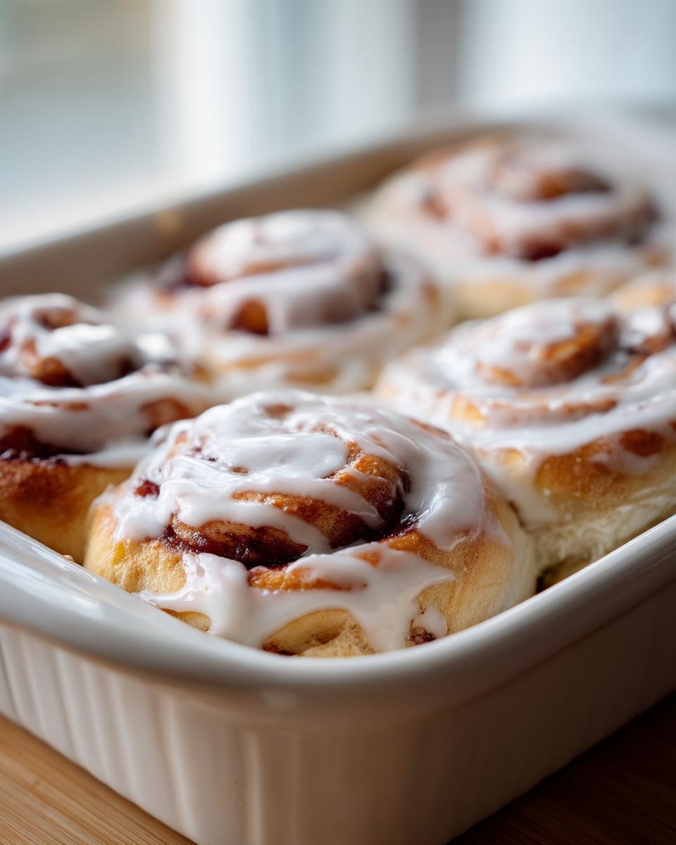Close-up of Irresistible Strawberry Cinnamon Rolls, drizzled with white icing, in a white baking dish.