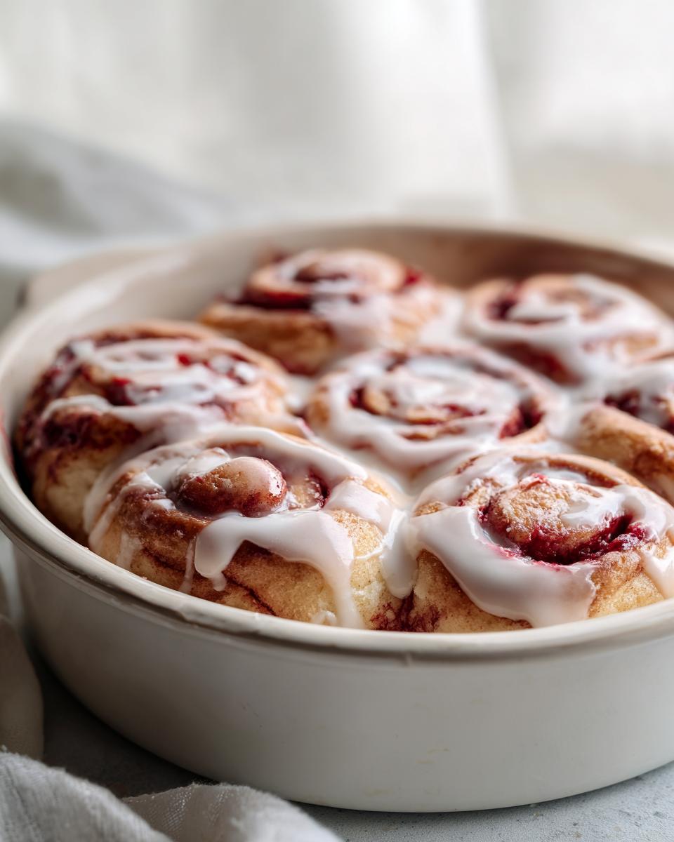 Close-up of freshly baked Irresistible Strawberry Cinnamon Rolls drizzled with white icing in a baking dish.