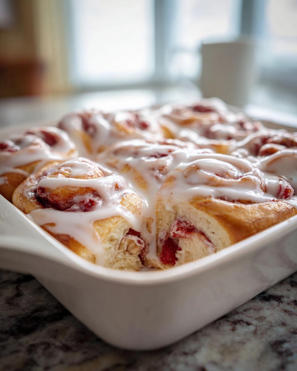 Close-up of a baking dish filled with Irresistible Strawberry Cinnamon Rolls, generously drizzled with white glaze.