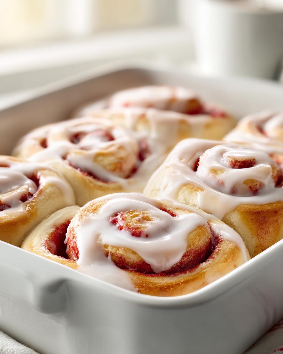 Close-up of irresistible strawberry cinnamon rolls drizzled with white icing in a white baking dish.