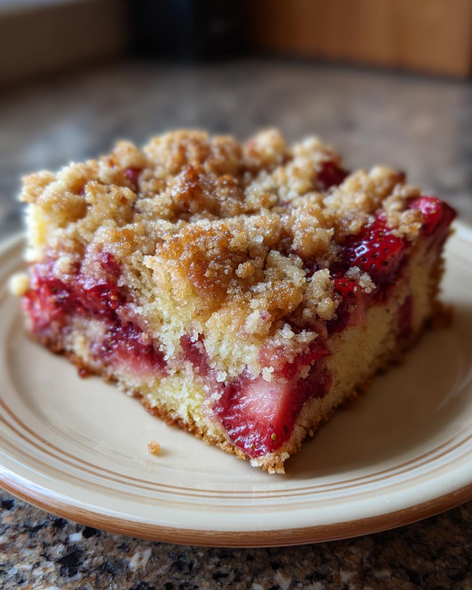 A slice of Irresistible Strawberry Crunch Cake with visible strawberries and a crumb topping.