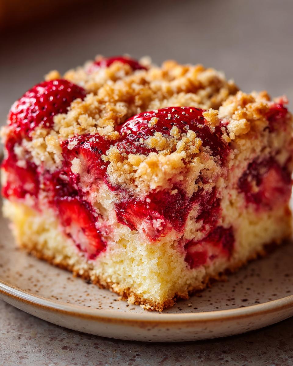 A close-up of a slice of Irresistible Strawberry Crunch Cake, showcasing fresh strawberries and a crumb topping.