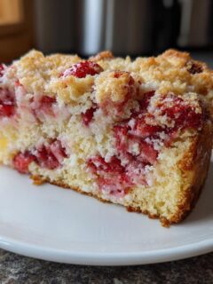 A slice of Irresistible Strawberry Crunch Cake on a white plate, showcasing the cake's fluffy texture and fresh strawberries.
