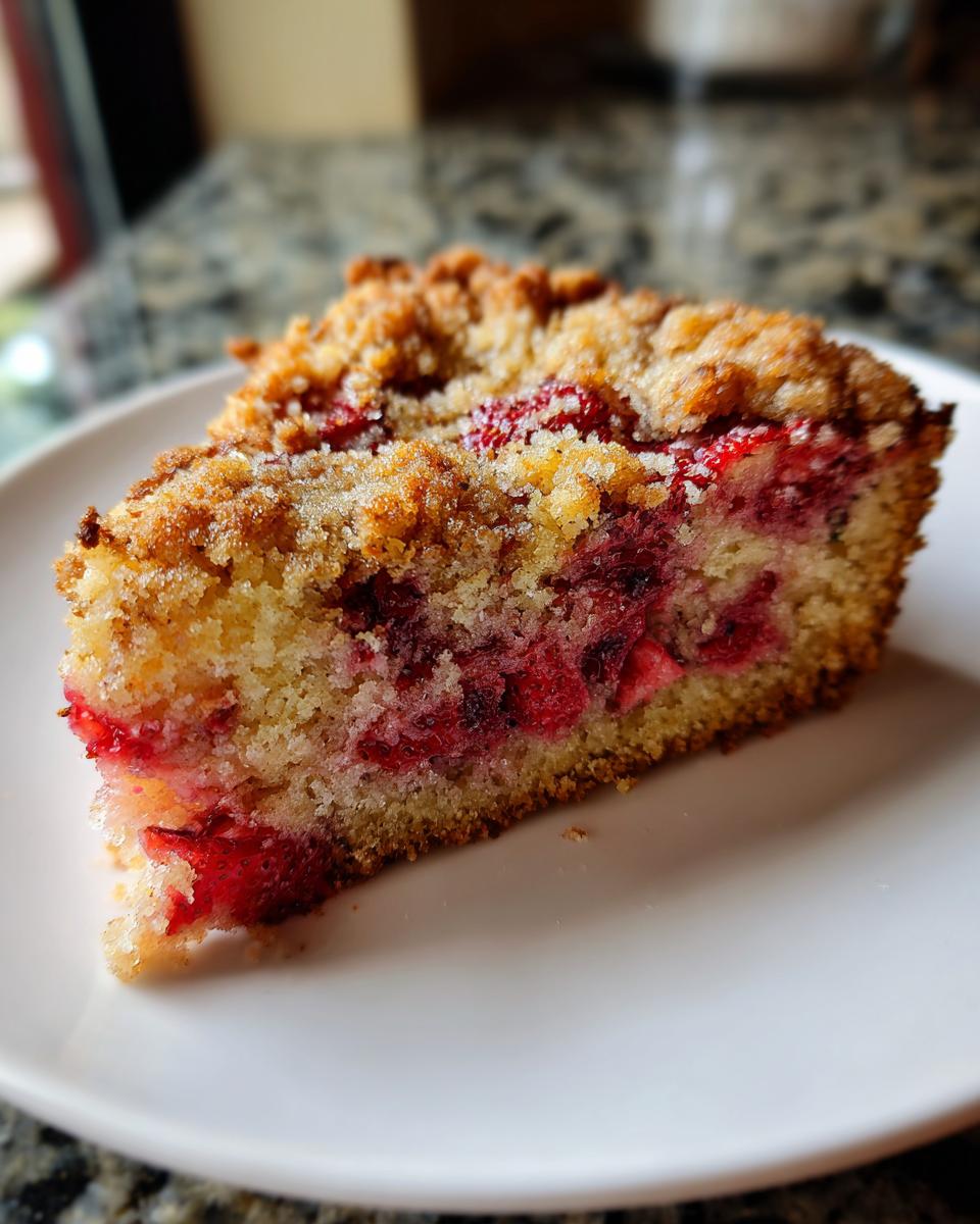A close-up of a slice of Irresistible Strawberry Crunch Cake on a white plate, showing juicy strawberries and a crumbly topping.