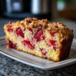 A close-up of a slice of Irresistible Strawberry Crunch Cake, featuring fresh strawberries and a crumb topping.