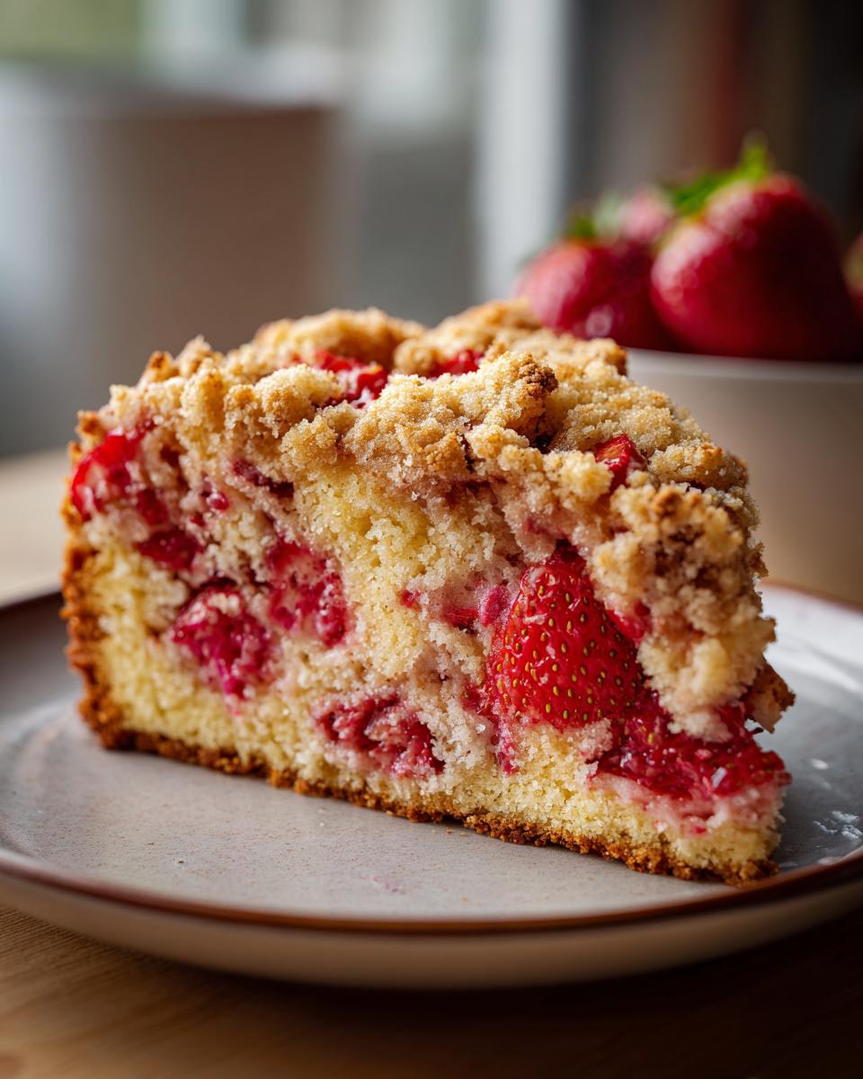 A close-up of a slice of Irresistible Strawberry Crunch Cake, showcasing fresh strawberries and a crumbly topping.